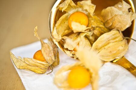 Ripe winter cheeries in a golden spoonの写真素材