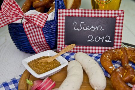 Sausages, pretzel, and beer at Oktoberfestの写真素材