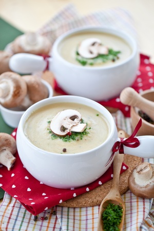 Creamy mushroom soup with fresh champignonの写真素材