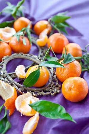 Fresh clementines on purpleの写真素材