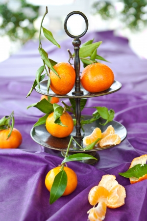 Fresh clementines on purpleの写真素材