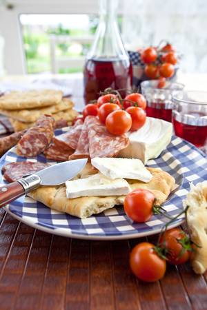 Cheese, salami and flat bread