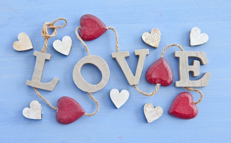 Blue wooden background with LOVEの写真素材