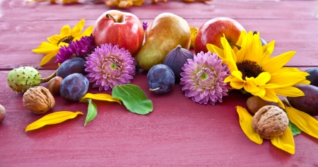 Red wooden background with autumn fruit and flowersの写真素材