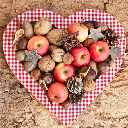 Rustic wooden background with apples and various nutsの写真素材