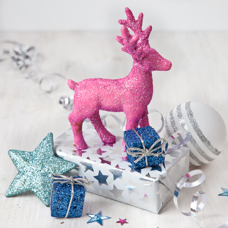 Pink deer, gift box and other christmas decorationsの写真素材
