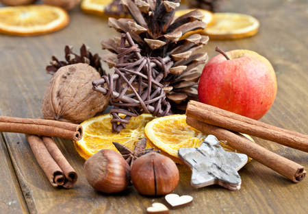 Winter spices for christmas on a wooden の写真素材