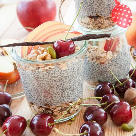 Chia Pudding with fresh fruits and nutsの写真素材