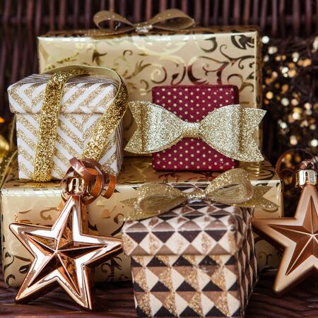 Glittery wrapped presents and ornaments for christmas