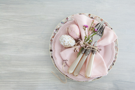Decorative table setting for easter with copy spaceの写真素材