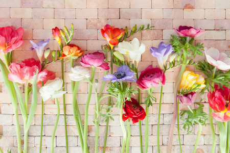 Colorful spring flowers on a rustic stone tile background