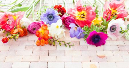 Colorful spring flowers on a rustic stone tile backgroundの写真素材
