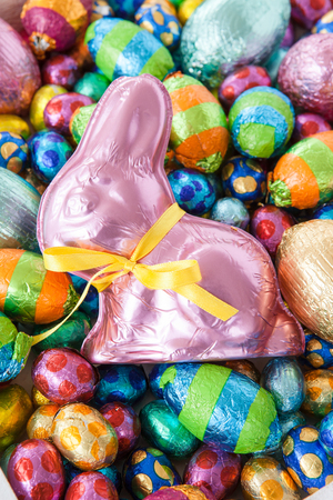 Bright cheerful easter eggs and chocolate bunny