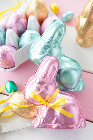 Colorful bunnies made from chocolate for easterの写真素材