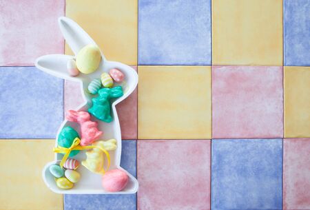 Colorful decorations for easter and background with copy spaceの写真素材