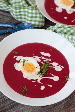 Homemade red beet soup with dill and creme fraicheの写真素材