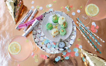 Colorful treats and props for a festive New Years Party 2018 / 2019の写真素材