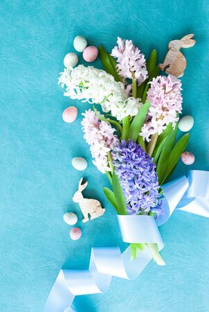 Fresh hyacinth flowers on a blue backgroundの写真素材