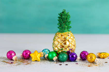 Colorful and kitschy christmas baubles and ornaments for the holidaysの写真素材