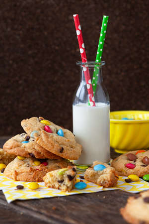 Delicious homemade cookies with chocolate chips and chocolate lentilsの写真素材