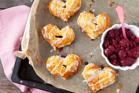 Little pies with cherry filling in a heart shapeの写真素材