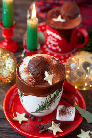 Mug of hot chocolate with a hot chocolate bombの写真素材
