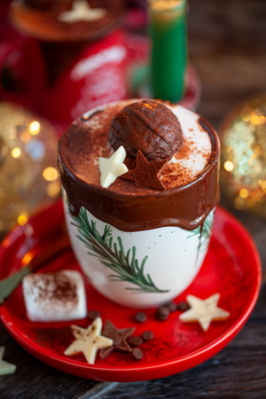 Mug of hot chocolate with a hot chocolate bombの写真素材