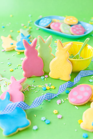 Cute sugar cookies in shape of bunnies for Easterの写真素材