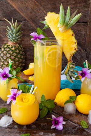 Refreshing cocktail with fresh pineapple and mint leavesの写真素材