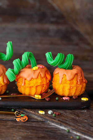 Little pumpkin cakes, mini bundt cake for Halloweenの写真素材