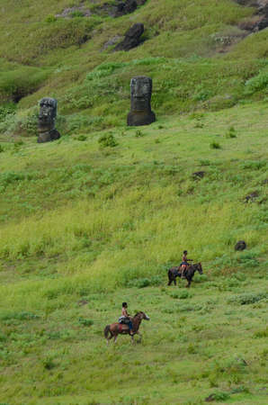 Moais inside the crater of Rano Raraku volcano, Easter Island (Rapa Nui), Valparaiso, Chileの写真素材