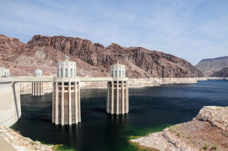 View of the penstock towers over Lake Mead at Dam, between Arizona and Nevada states, USA.のeditorial素材