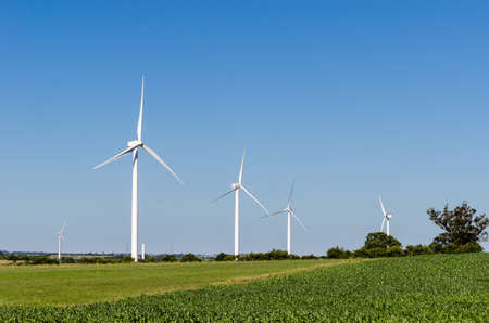 Row of three modern windmills in the countryside near Tarariras, Colonia. Many others windmills can be seen on the background with some trees on the right side.の写真素材