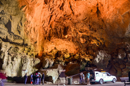 Grand entrance to the Jenolan Caves illuminated with artificial lights, near Katoomba, Australiaのeditorial素材