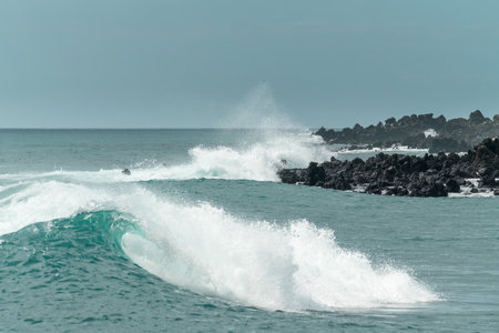 Very nice waves crushing over the rocks on the shore of the beach at Floreanda island, Galapagos,...