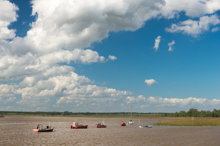Some fishermen boats anchored near the river coast, under a cloudy sky, in Barra de Santa Lucia, Canelones, Uruguayの写真素材
