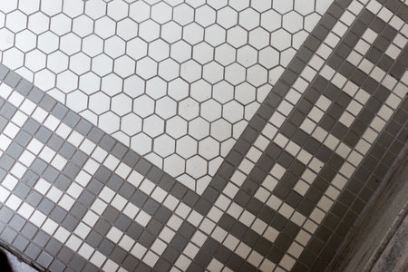 A tile floor with a gray border and white tiles. The border is made of squares and the tiles are...