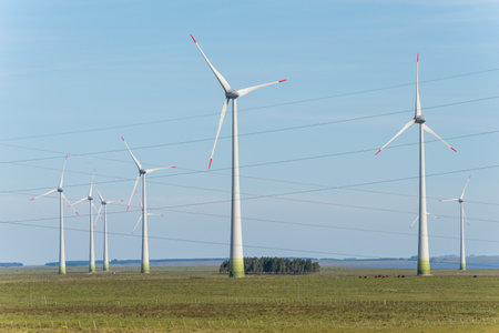 A field of wind turbines with a clear blue sky in the background. The windmills are tall and spread...