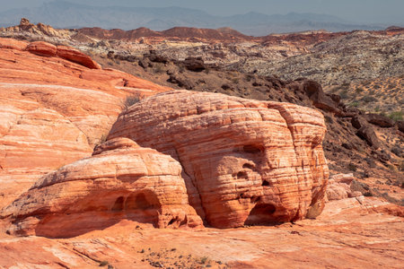 A large rock formation with a face carved into it. The rock is surrounded by a desert landscapeの写真素材