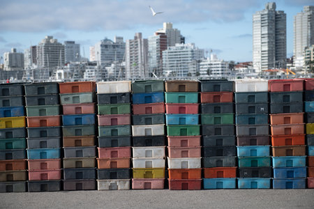 Colorful containers stacked with city skyline under partly cloudy skyの写真素材