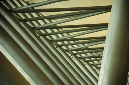 Interior view of the structural framework at an international airport.