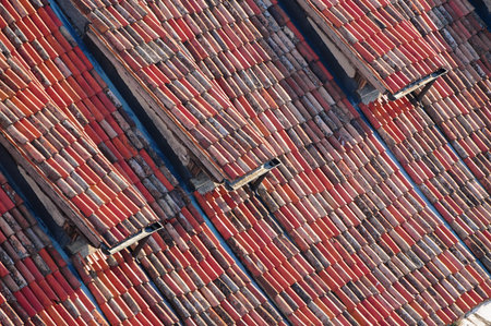 Traditional terracotta roof tiles with intricate red and orange patternsの写真素材