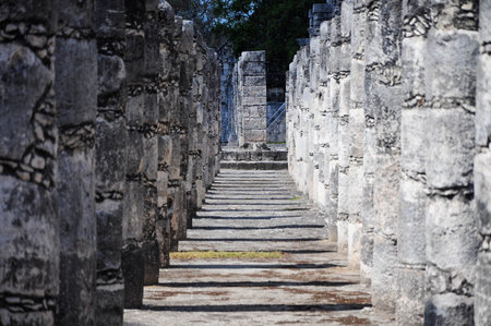 Ancient stone columns of Chichen Itza creating a historic pathway with shadowsの写真素材