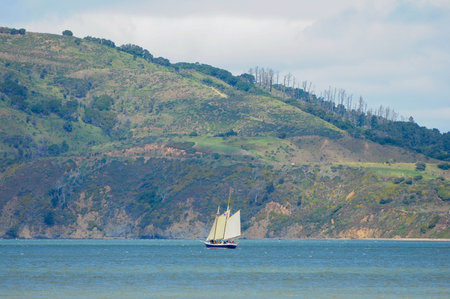 Sailboat on serene waters with verdant hills and cloudy sky in the backgroundの写真素材