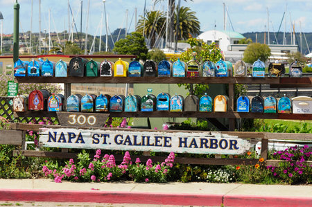 Saisalito, CA, USA. April 26, 2012: Artistic mailboxes at Napa St. Galilee Harbor in Sausalito, California.の写真素材