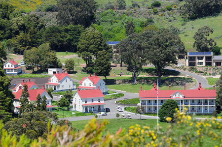 Historic red-roofed buildings amid greenery in San Francisco Bay Areaの写真素材
