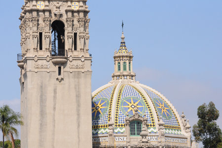 Ornate tower and dome under clear blue sky in Balboa Park, San Diegoの写真素材