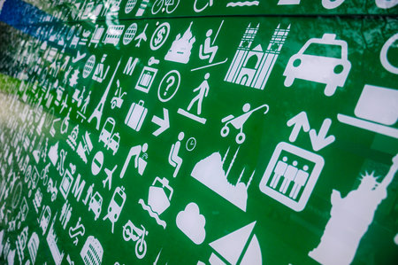 Colorful Montevideo wall with travel icons reflecting urban lifeの写真素材