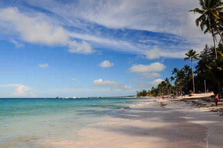 Punta Cana, La Altagracia, Domenican Republic. May 10, 2012: A scenic view of a sandy beach with palm trees and clear blue water in Punta Cana, Dominican Republic.の写真素材