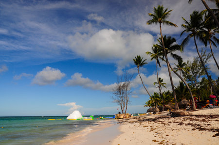 Punta Cana, La Altagracia, Domenican Republic. May 10, 2012: Tropical beach scene in Punta Cana, Dominican Republic, featuring palm trees, clear blue skies, and turquoise waters along the sandy shoreline.の写真素材
